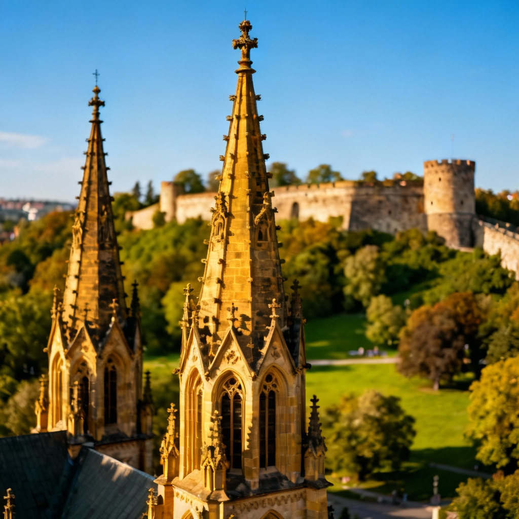 The Vyšehrad National Cultural Monument in Prague, featuring a close-up on the Neo-Gothic spires of the Basilica of St. Peter and St. Paul rising above the surrounding parkland and fortress walls, on a bright day.