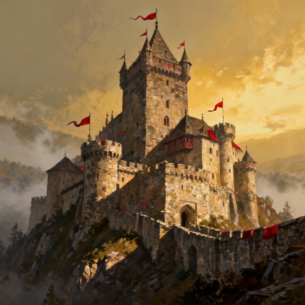 An atmospheric, medieval-style illustration of Karlštejn Castle, showing its multi-layered, Gothic architecture on a steep hill, with the Great Tower dominating the top. Focus on stone textures and flag banners.