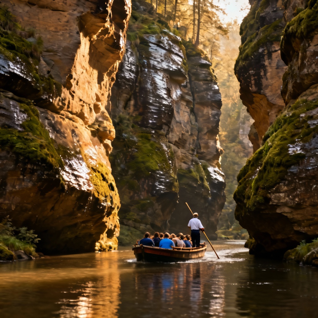 River cruise through the Wild Gorge in Bohemian Switzerland, a punt boat full of tourists being pushed by a ferryman with a long pole between towering, moss-covered wet sandstone cliffs, soft river water