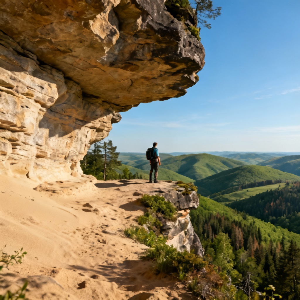 Hiker standing on a dramatic sandstone rock viewpoint (Mariina Skála or Rudolfův Kámen) overlooking a vast expanse of rolling green and recovering forest, blue sky, wide-angle view for perspective