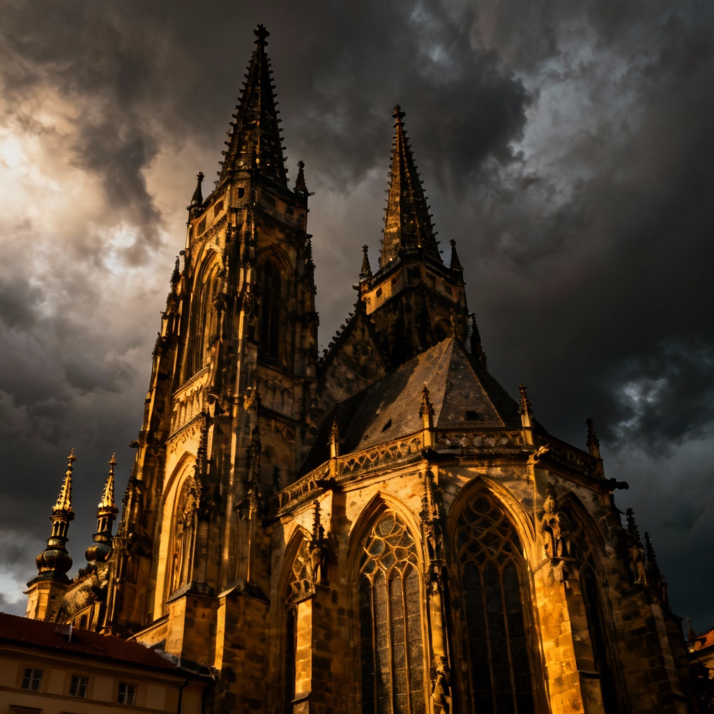 A detail close-up of the asymmetric twin spires of the Church of Our Lady before Týn, showing the intricate Gothic detailing and smaller flanking spires, against a moody, contrasting sky.