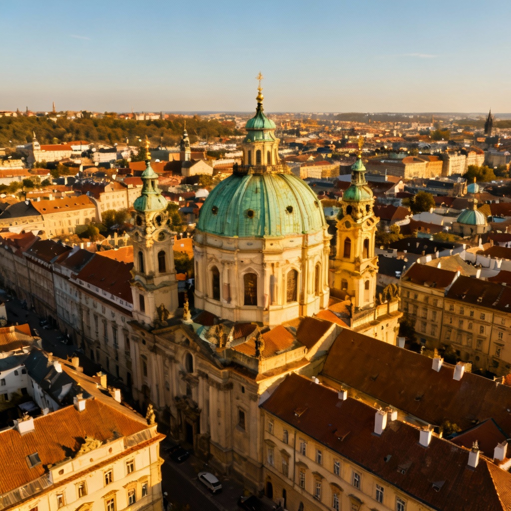 An aerial shot over Prague's Lesser Town (Malá Strana) on a sunny day, showcasing the dominant green copper dome of St. Nicholas Church surrounded by smaller baroque turrets and domes.