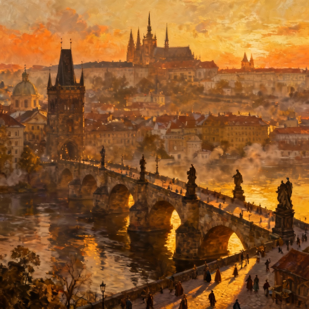 A golden, medieval cityscape of Prague in the 14th century, showing Charles Bridge and Prague Castle illuminated by warm evening light