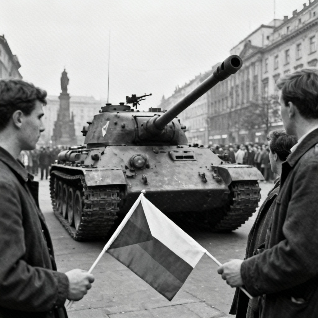 Black and white photo of a tank in Wenceslas Square during the Prague Spring invasion, facing unarmed citizens holding Czechoslovak flags