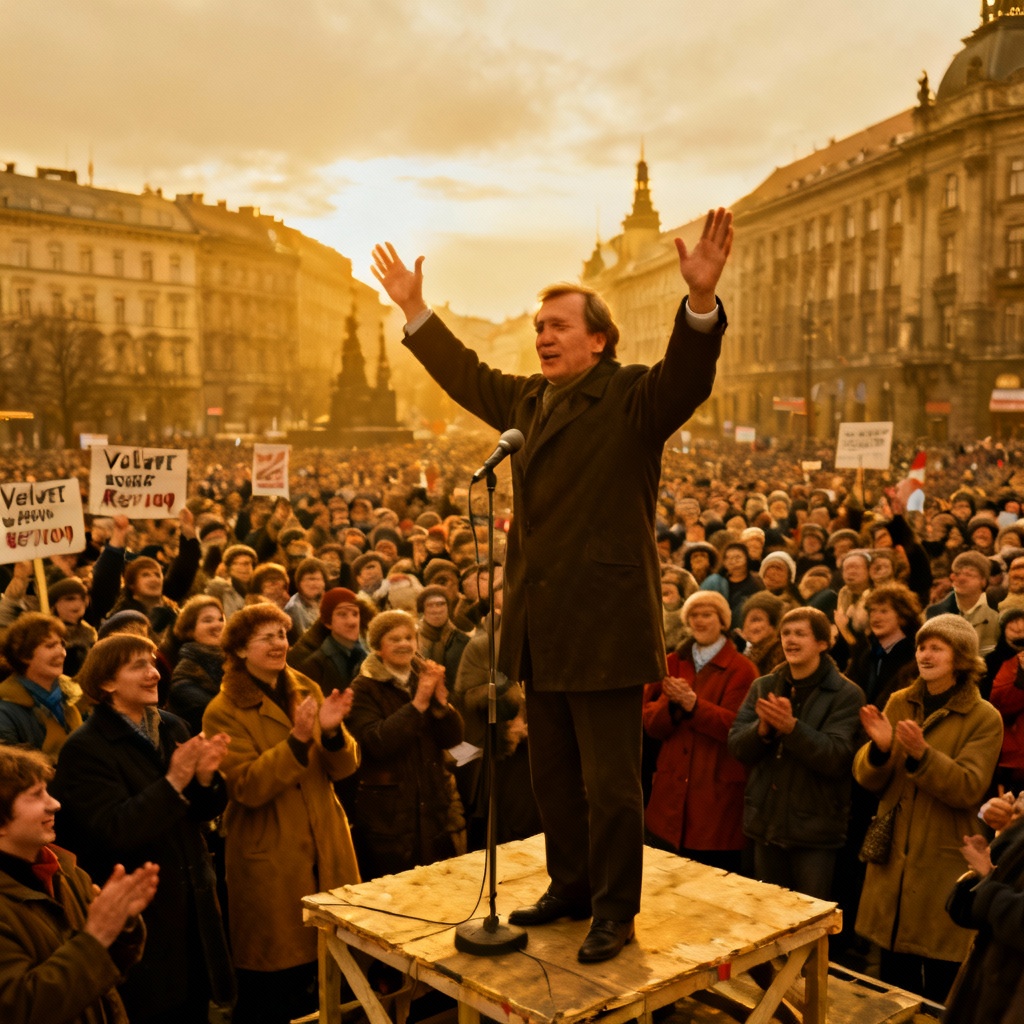 Václav Havel addressing a massive crowd in Wenceslas Square during the Velvet Revolution in 1989