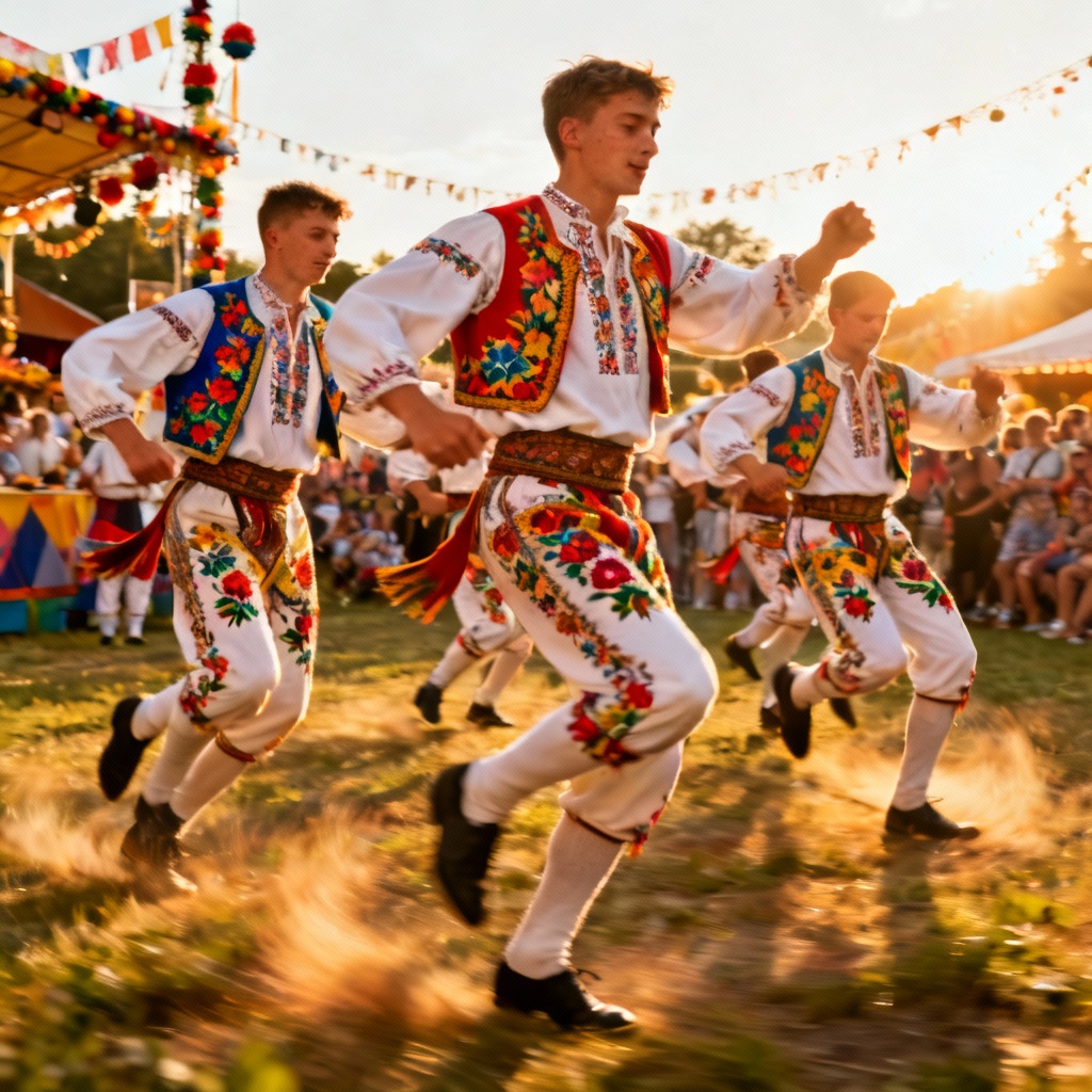 A group of young men in traditional, brightly embroidered Moravian folk costumes (kroje) performing the vigorous Slovácko Verbuňk dance at a summer festival.