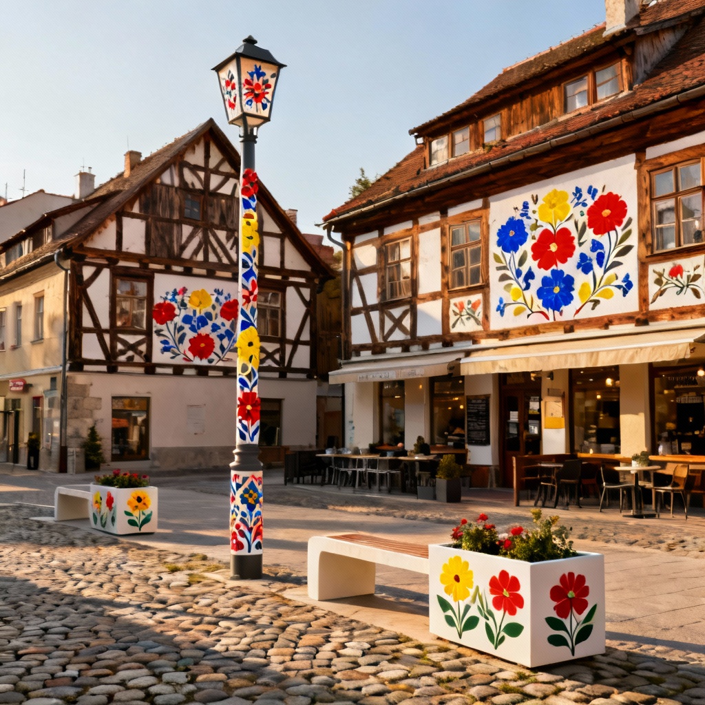 A traditional Bohemian-style street of half-timbered houses decorated with Moravian floral motifs painted on the facades, demonstrating folk art's endurance in contemporary public design.