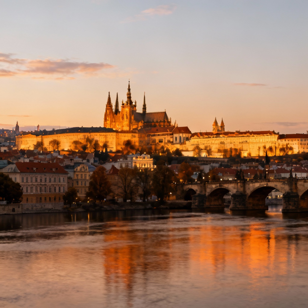 A panoramic view of Prague Castle complex from across the Vltava river, representing the ancient seat of the Bohemian Crown, bathed in golden evening light.