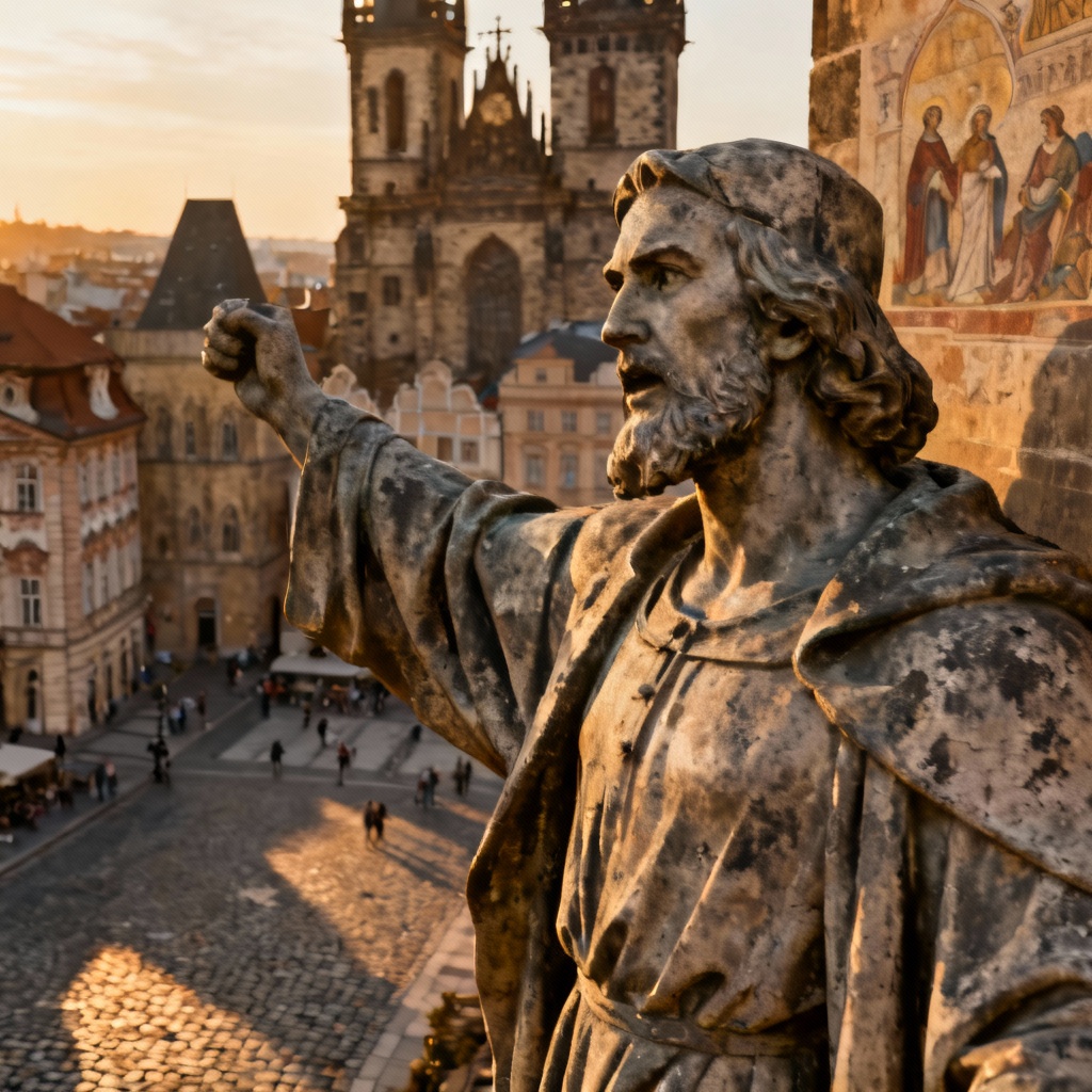 A close-up of a statue of Jan Hus, representing the early fight for religious and national identity, standing against the background of a historic city square.