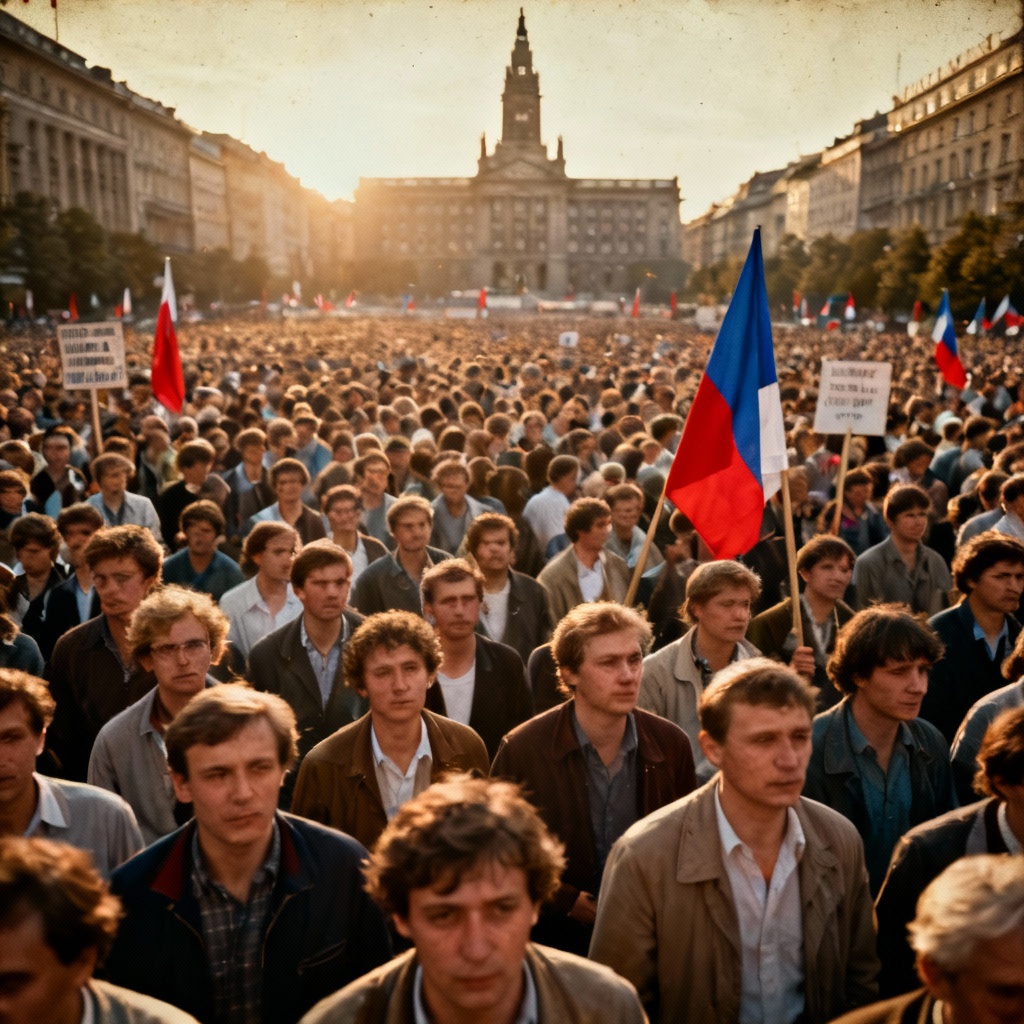 An artistic rendition of the crowds filling Wenceslas Square during the 1989 Velvet Revolution, signifying a moment of peaceful mass protest and triumph of democracy.