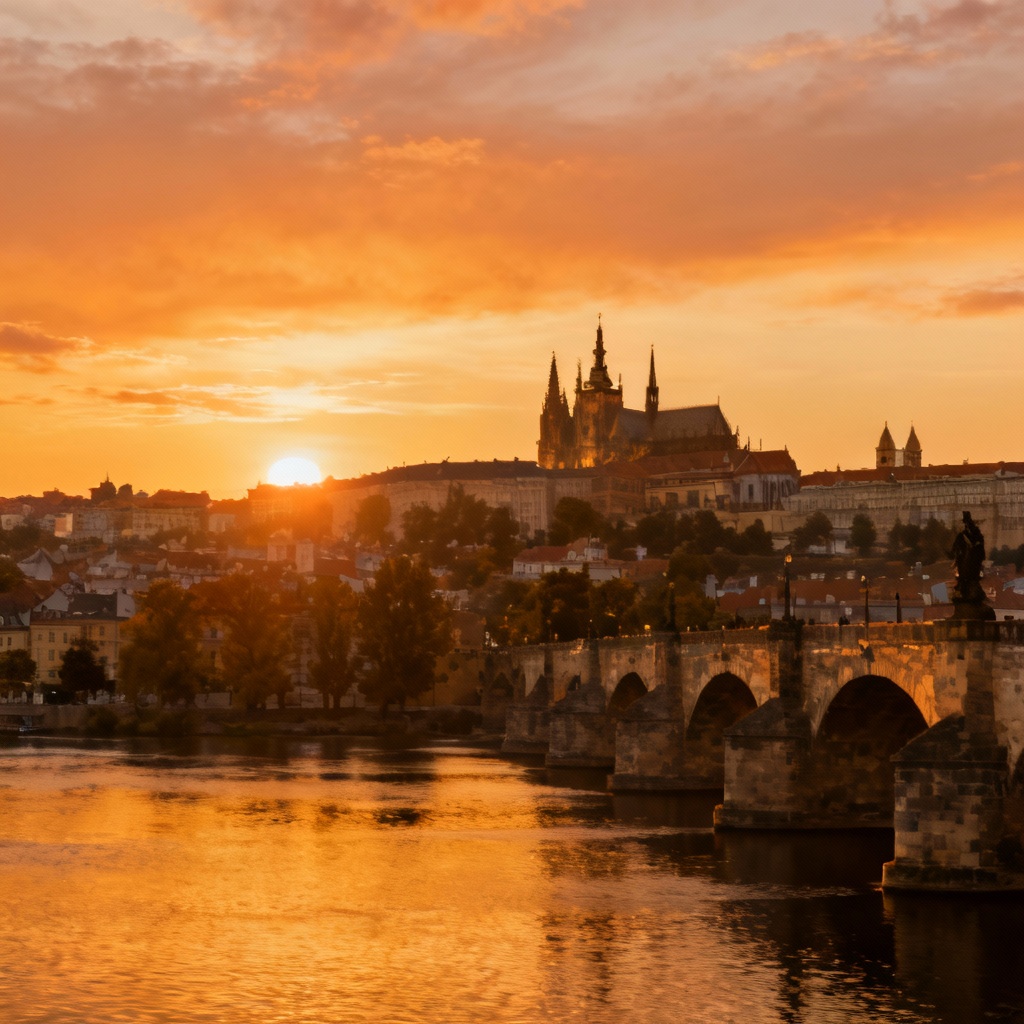 Panorama view of Prague Castle complex on a hill overlooking the Vltava River at sunset
