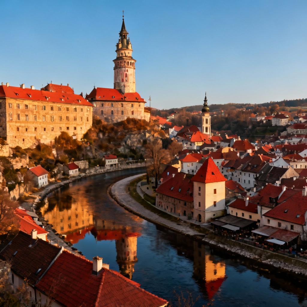 View of Český Krumlov town with its castle towering over a meander of the Vltava River, showcasing medieval street layout and red roofs