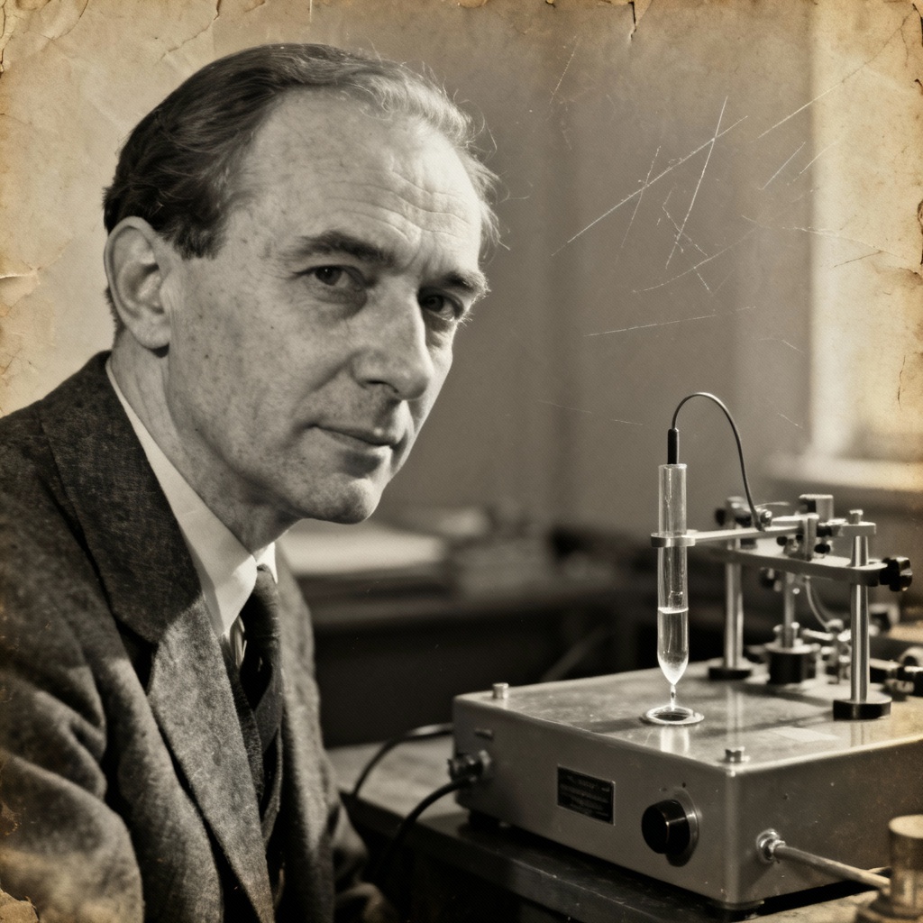 A vintage black and white portrait of Jaroslav Heyrovský next to his original polarograph apparatus with the dropping mercury electrode visible.