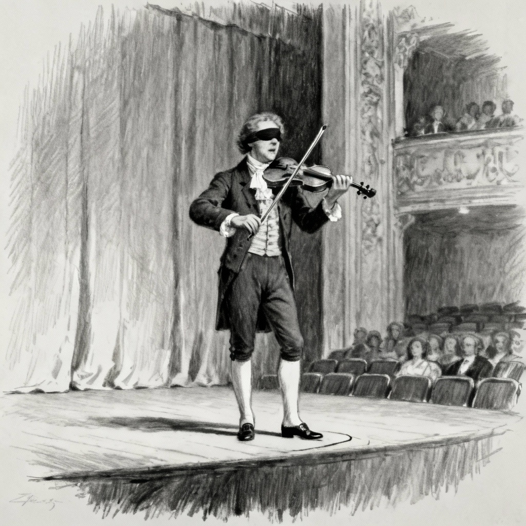 A black and white sketch of a stage performance at the Estates Theatre in Prague in 1834, showing a blind violinist performing the song "Kde domov můj".