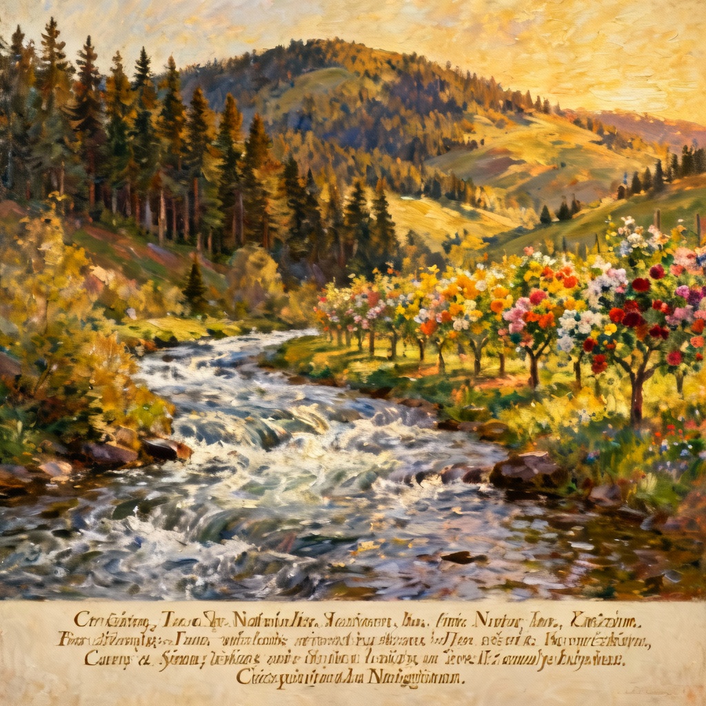 A vibrant, beautiful oil painting of the Czech landscape, showing rushing water, pine forests on hills, and a flower orchard, reflecting the first stanza of the national anthem.
