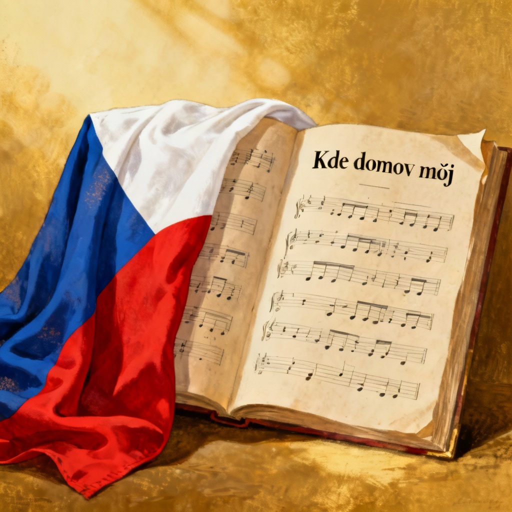 The official flag of the Czech Republic draped alongside the musical score of "Kde domov můj", symbolizing the transition to the sole national anthem in 1993.
