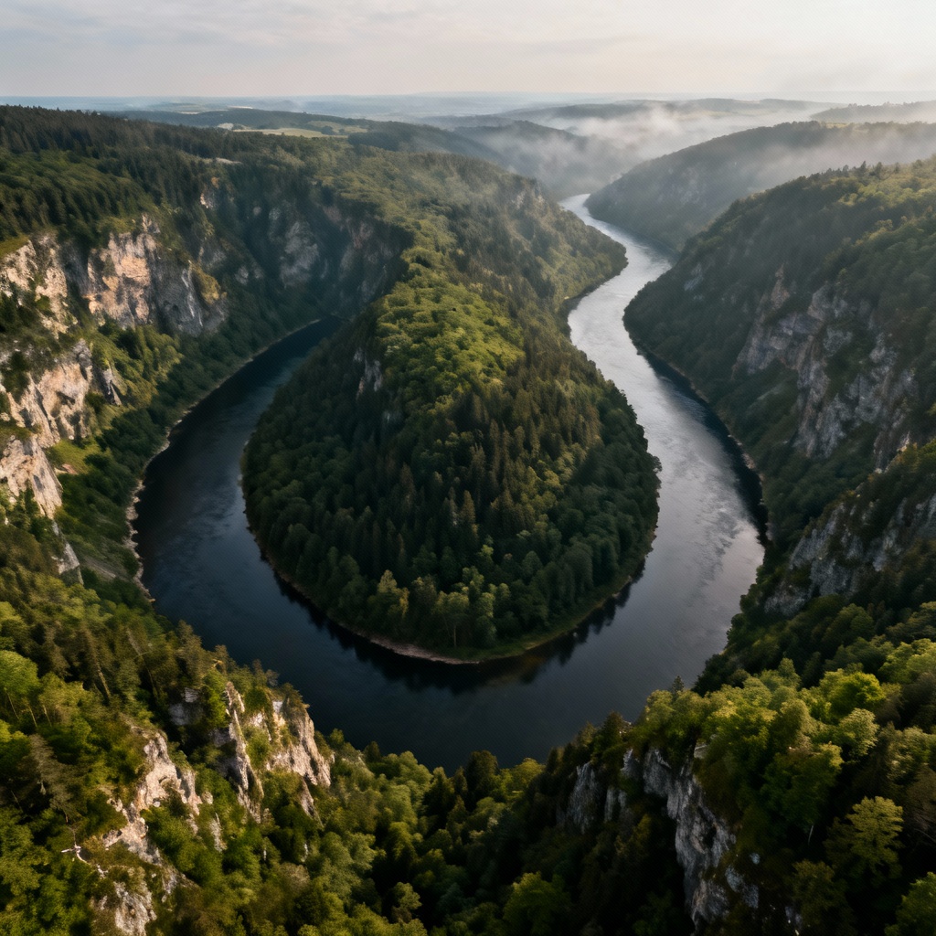 An aerial, panoramic shot of the Vltava River forming a deep, dramatic horseshoe bend in a forested canyon, taken from the Vyhlídka Máj viewpoint.