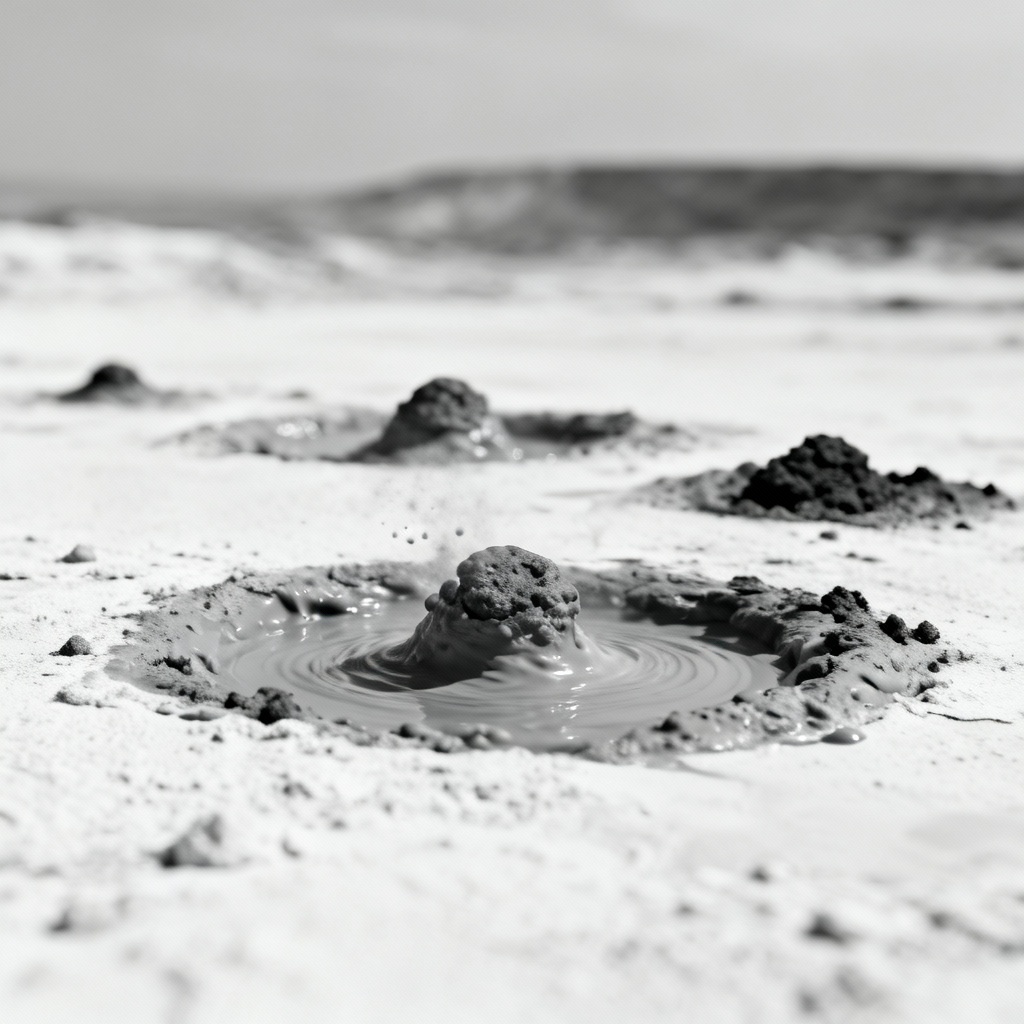 A close-up view of the small, bubbling mud volcanoes (mofettes) on the stark, white ground of the Soos National Nature Reserve in western Czechia, emphasizing the unique, almost Martian landscape.