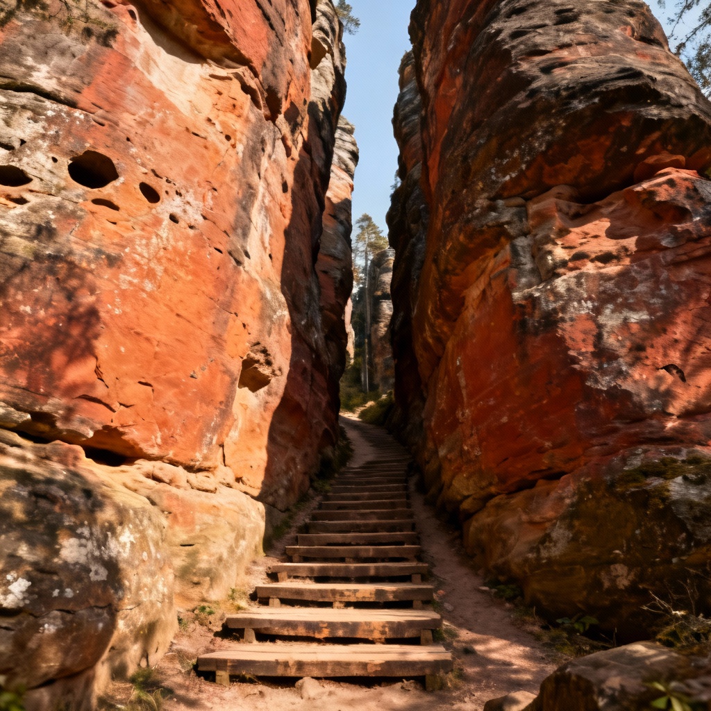 A narrow hiking trail squeezed between two massive, towering sandstone rock pillars in the Prachov Rocks formation of Bohemian Paradise, with wooden steps leading up.