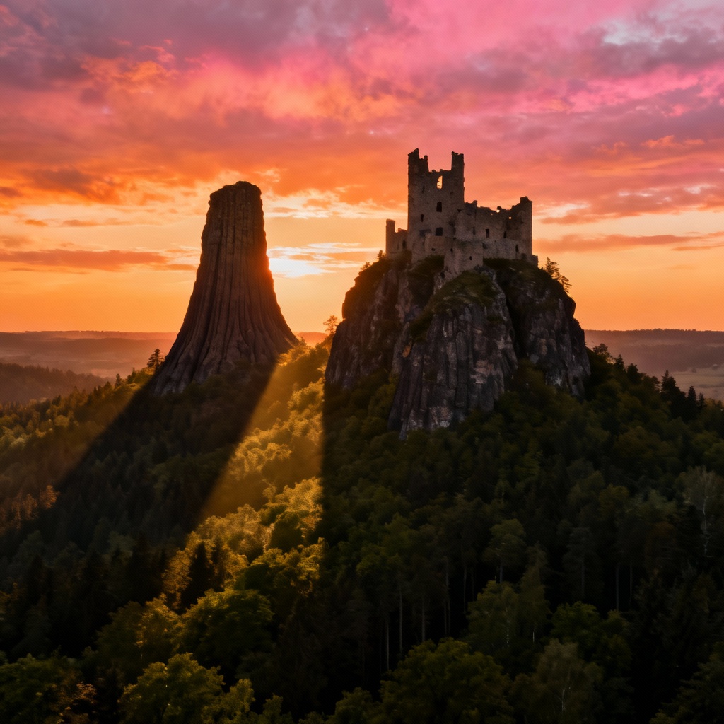 The dramatic ruins of Trosky Castle silhouetted on the twin basalt volcanic plugs, one tall and slender (Panna) and one shorter and wider (Baba), against a sunset sky over a forest landscape.