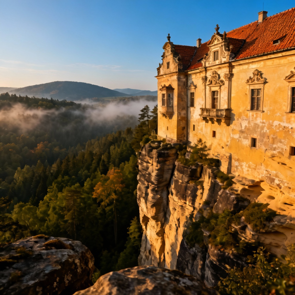 The Renaissance Chateau Hrubá Skála perched dramatically on the edge of a sheer sandstone cliff, overlooking a deep green forest valley in Bohemian Paradise.