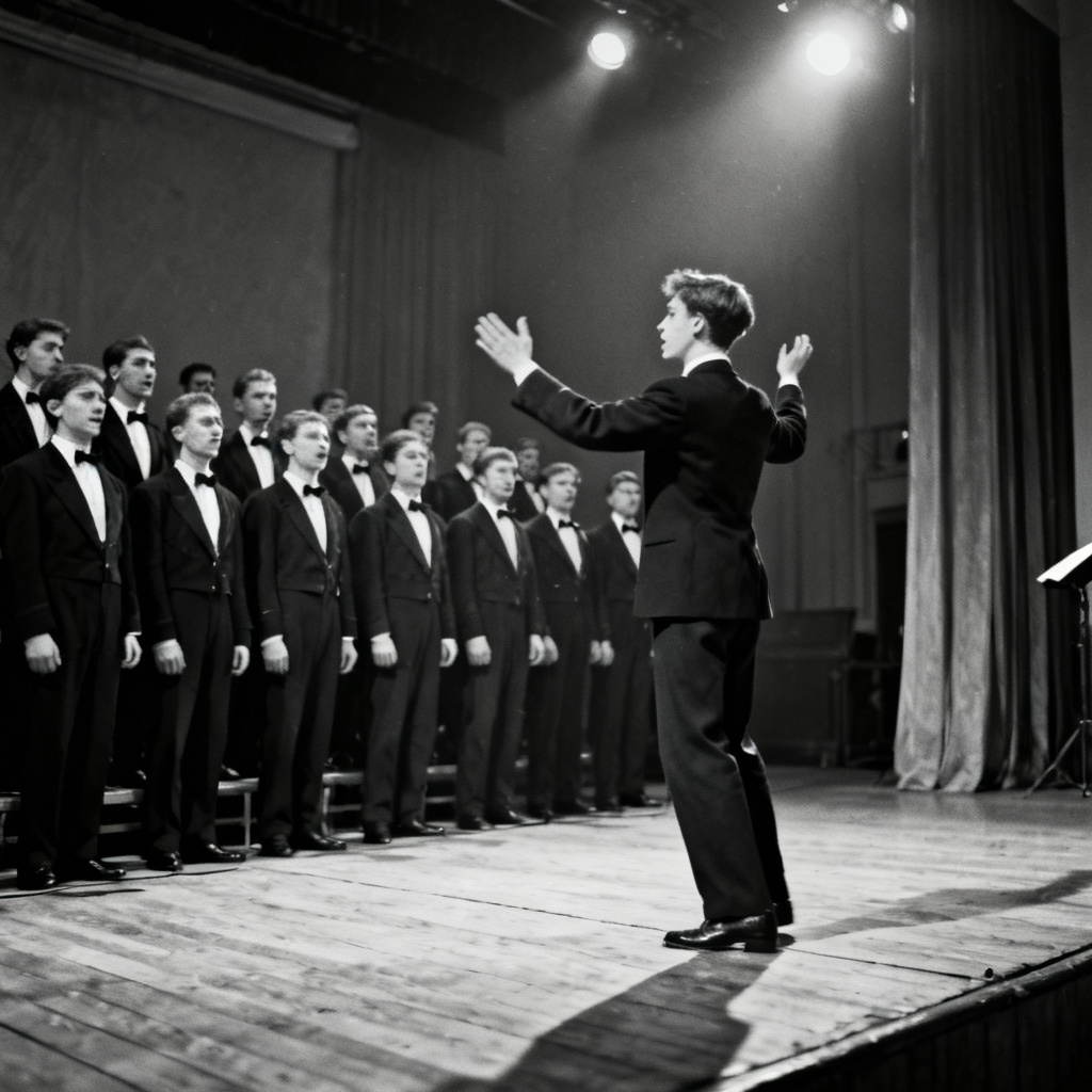A vintage black and white photograph of the Moravian Teachers' Male Voice Choir performing on stage, led by a young conductor (Antonín Tučapský) with an energetic posture.