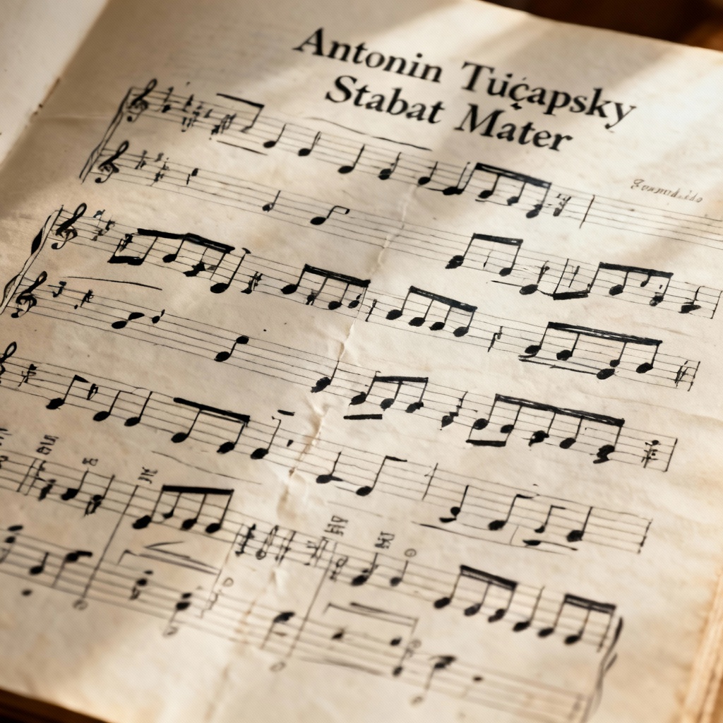 A close-up photograph of a meticulously hand-written page of the musical score for Antonín Tučapský's 'Stabat Mater', showing choral parts and orchestral notations.