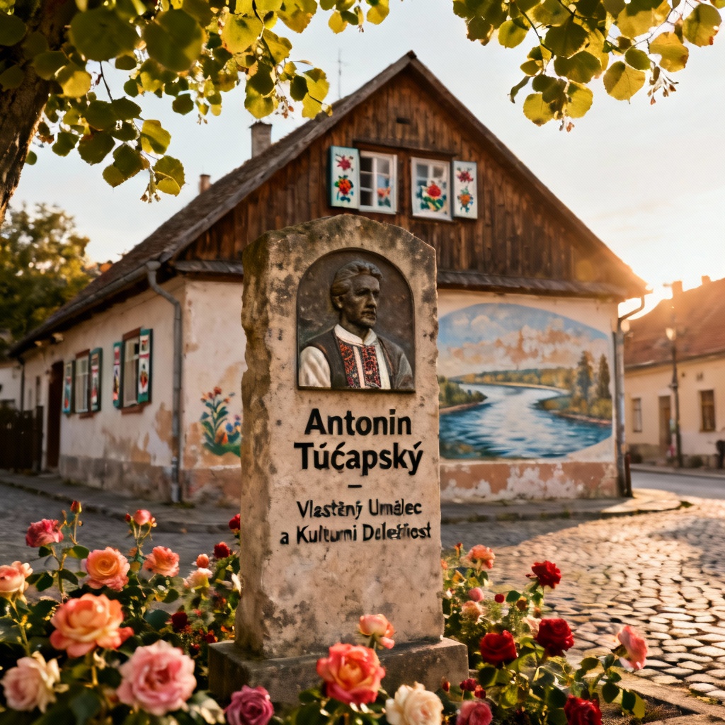 A colour photograph of a plaque or bust dedicated to Antonín Tučapský in his hometown in Moravia, emphasizing his Czech identity and cultural importance.