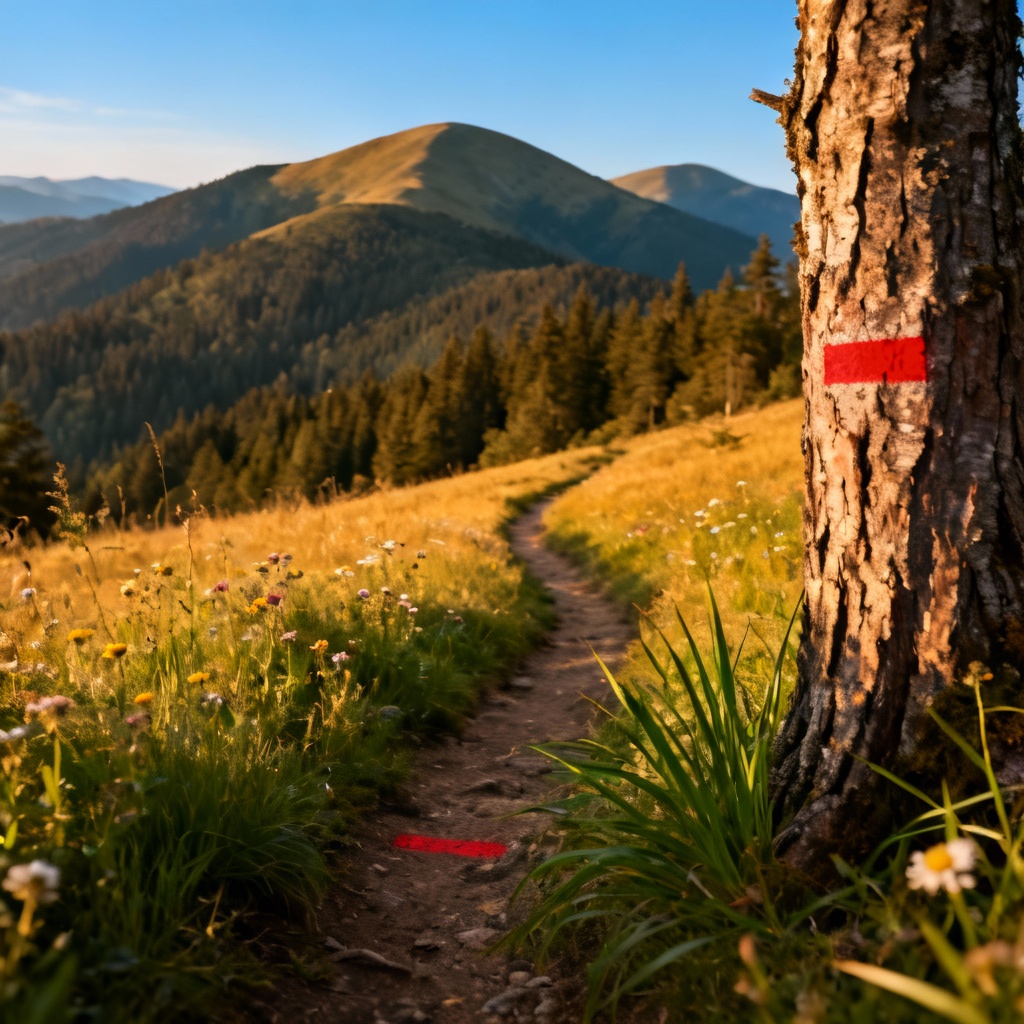 A majestic view of the densely forested Beskydy mountain range, featuring rolling, rounded peaks under a clear sky, with a red-marked hiking trail winding through a high meadow.