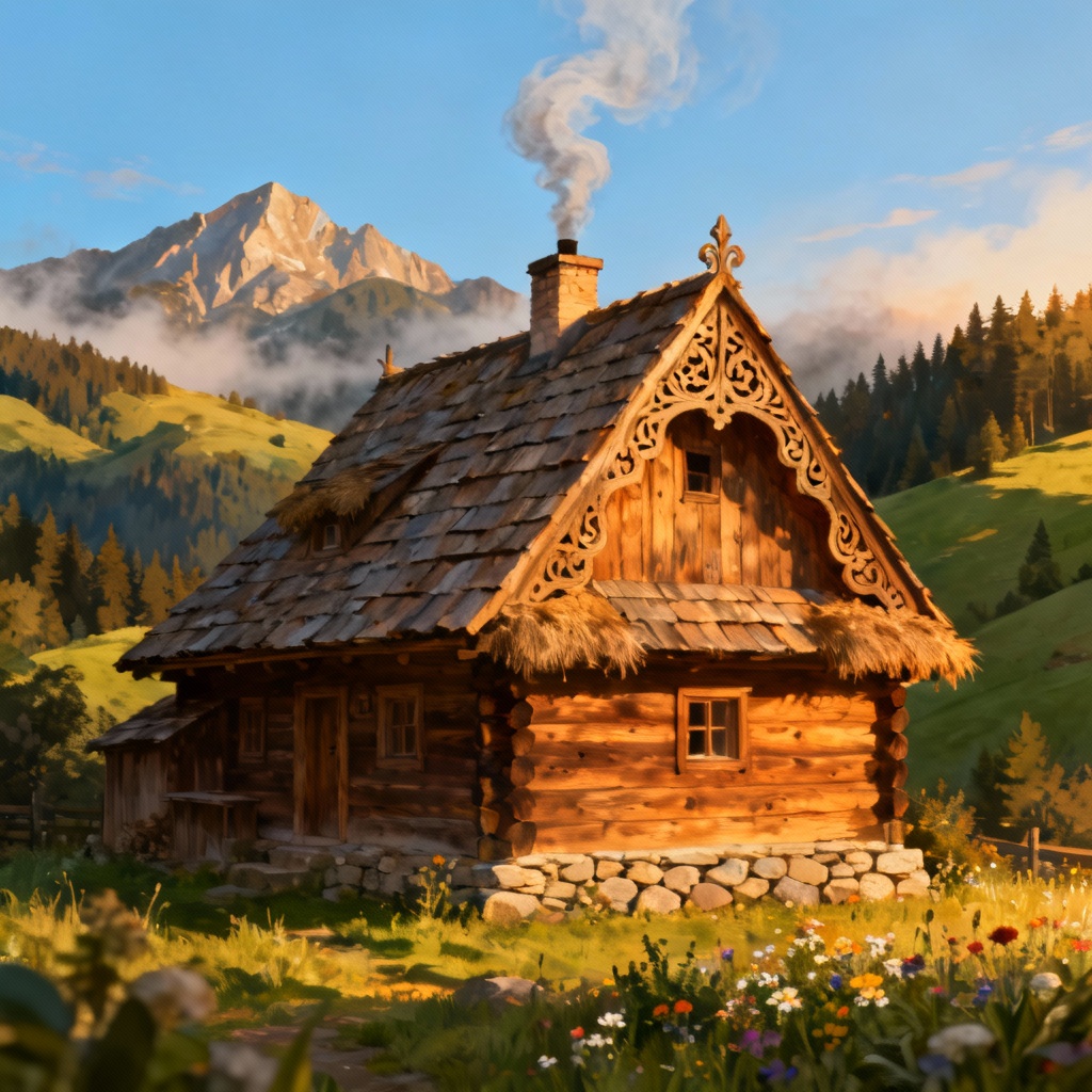 A traditional, ornate wooden "chalupa" (rustic Czech cottage) in a valley with smoke rising from the chimney and a view of forested hills behind it, illustrating rural Czech accommodation.