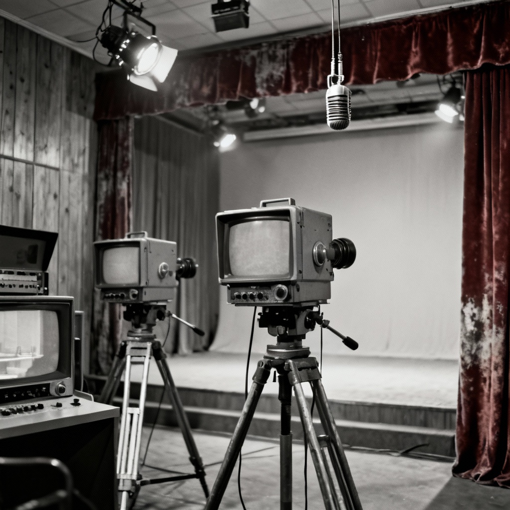 A black and white photograph of an early Czech television broadcast studio with retro camera equipment.