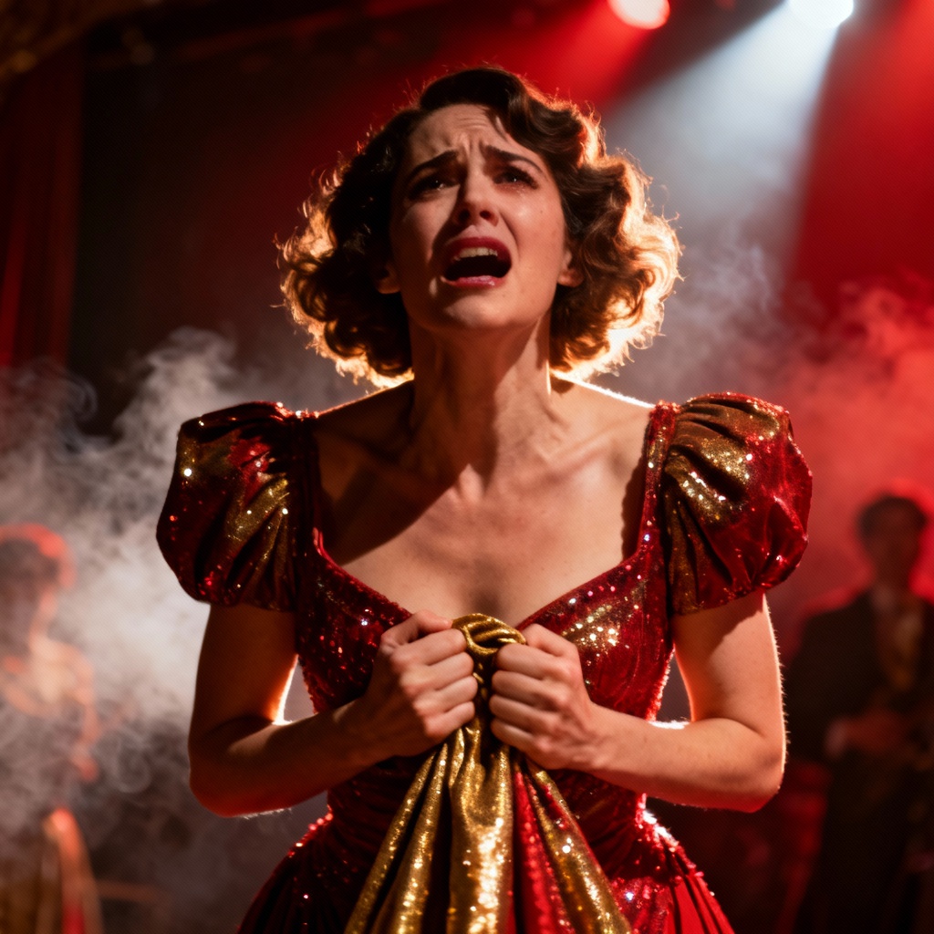 A color photo capturing the intensity of a stage performance, perhaps from 'Babylon,' with dramatic lighting focused on an actress in a compelling posture.