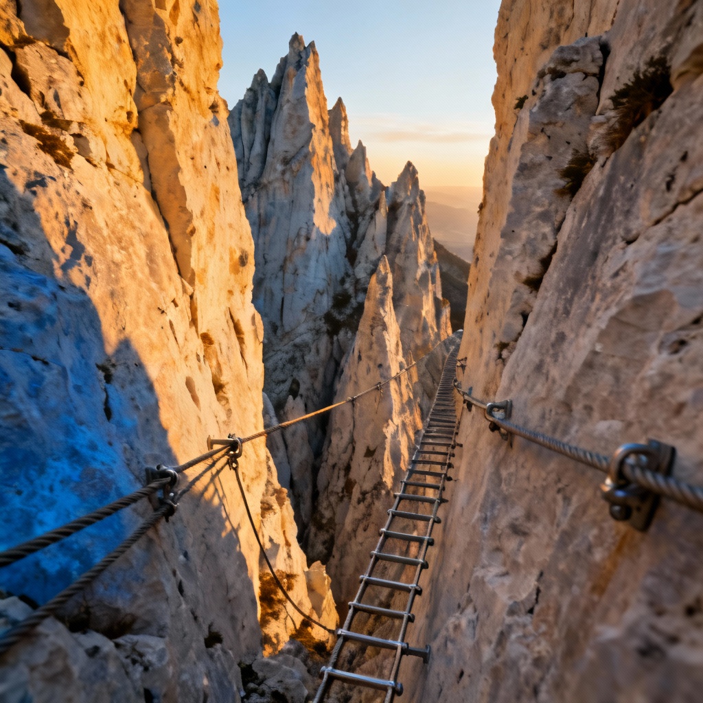 A close-up view of the sharp, distinctive pale limestone peaks of the Italian Dolomites during golden hour, highlighting a narrow Via Ferrata path with steel cables and ladders.
