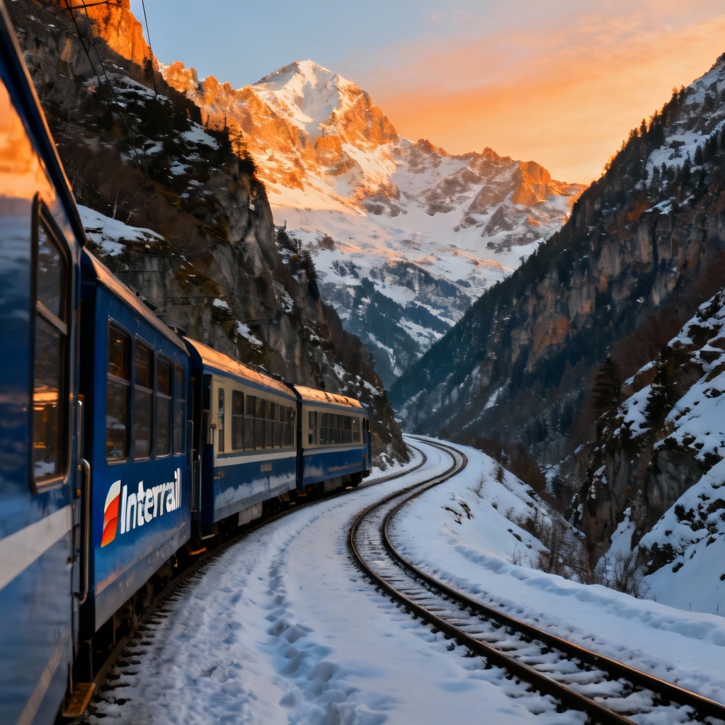 A train (possibly an Interrail train or a classic European rail route) winding its way through a narrow Alpine valley with a snow-capped mountain in the background, illustrating multi-country travel.