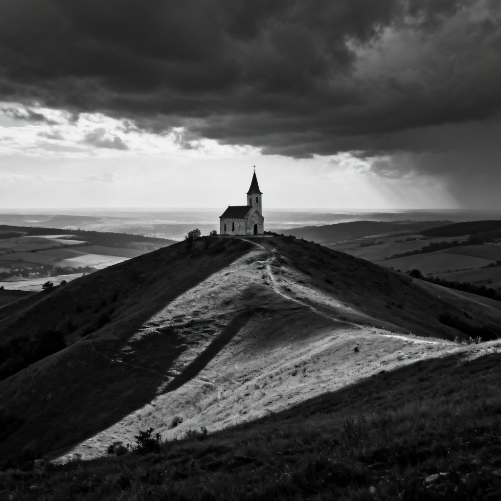 Black and white photograph capturing a lone chapel atop a sweeping Moravian hill under a dramatic sky, emphasizing high contrast and fine texture.