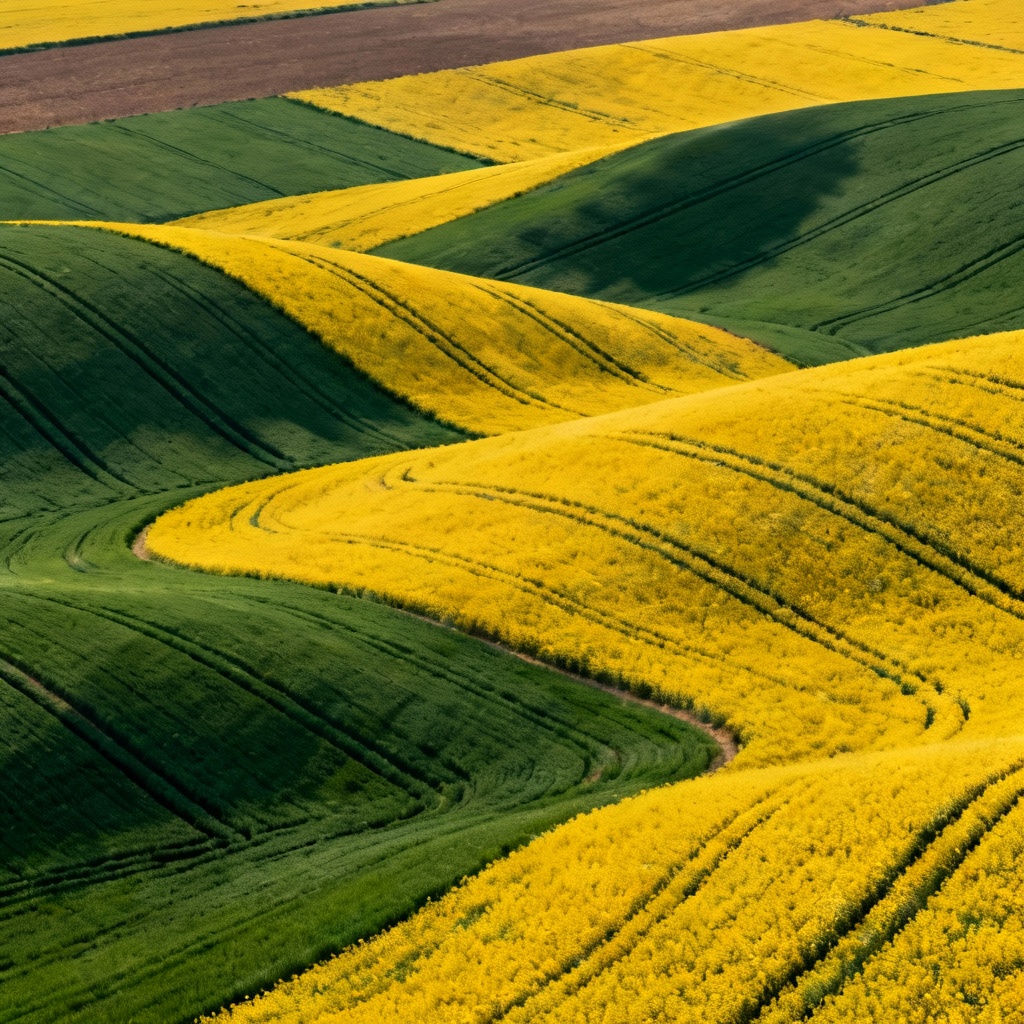 A vibrant, abstract photograph of rolling Moravian hills, where parallel lines of deep green crops and bright yellow rapeseed create a visually dynamic pattern.