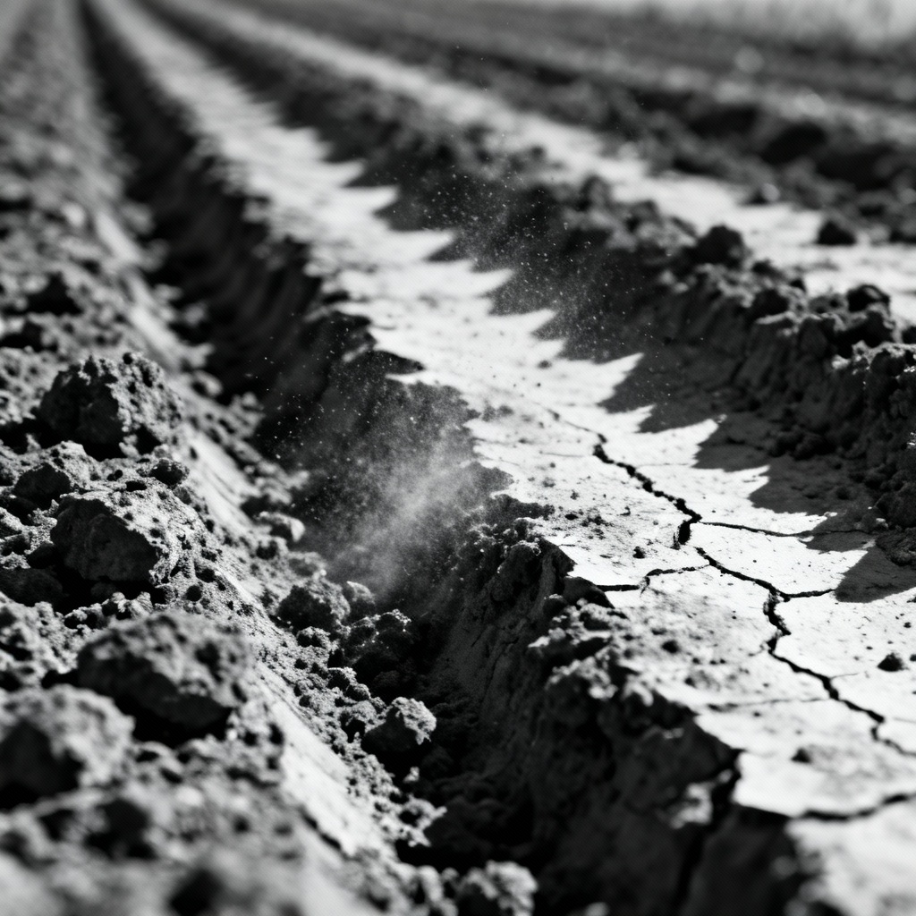 A close-up photograph showing a textural detail of dry, ploughed earth in a field, captured with a high-contrast black-and-white treatment.